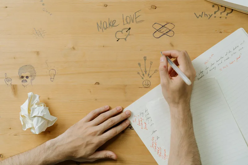 A creator writing content ideas in a notebook with sticky notes and a coffee, representing a weekly ideation session