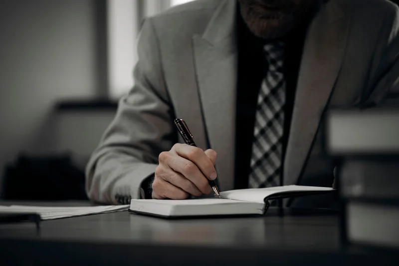 Professional taking notes at a desk, organizing ideas for LinkedIn thought leadership content
